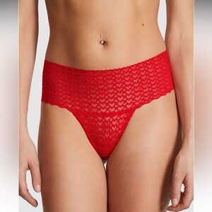 ❤️NWT PINK Victoria's Secret RED Lace Wink Wide-Waist Thong Panty S/P Hearts! ❤️